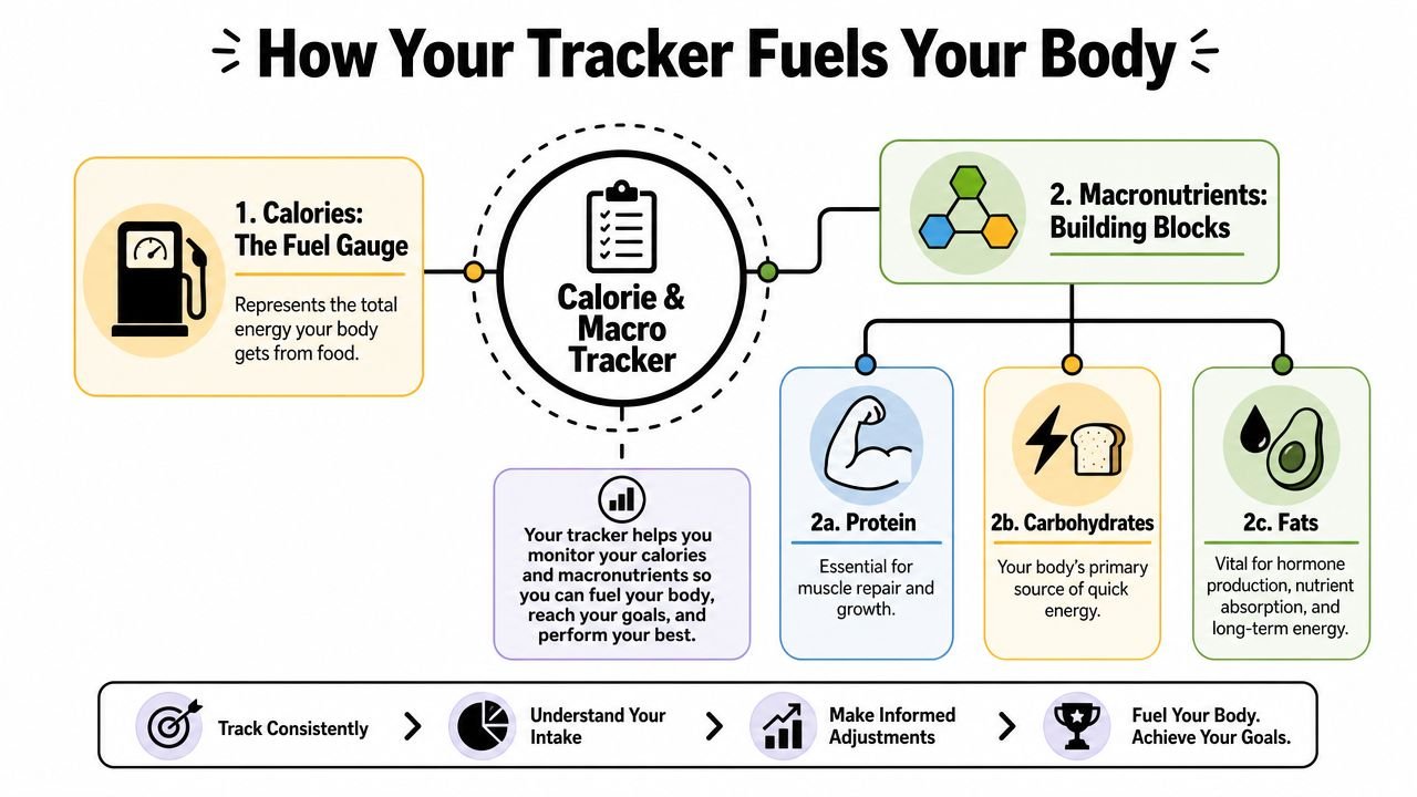 A diagram explaining how calorie and macro trackers help fuel the body and reach fitness goals.