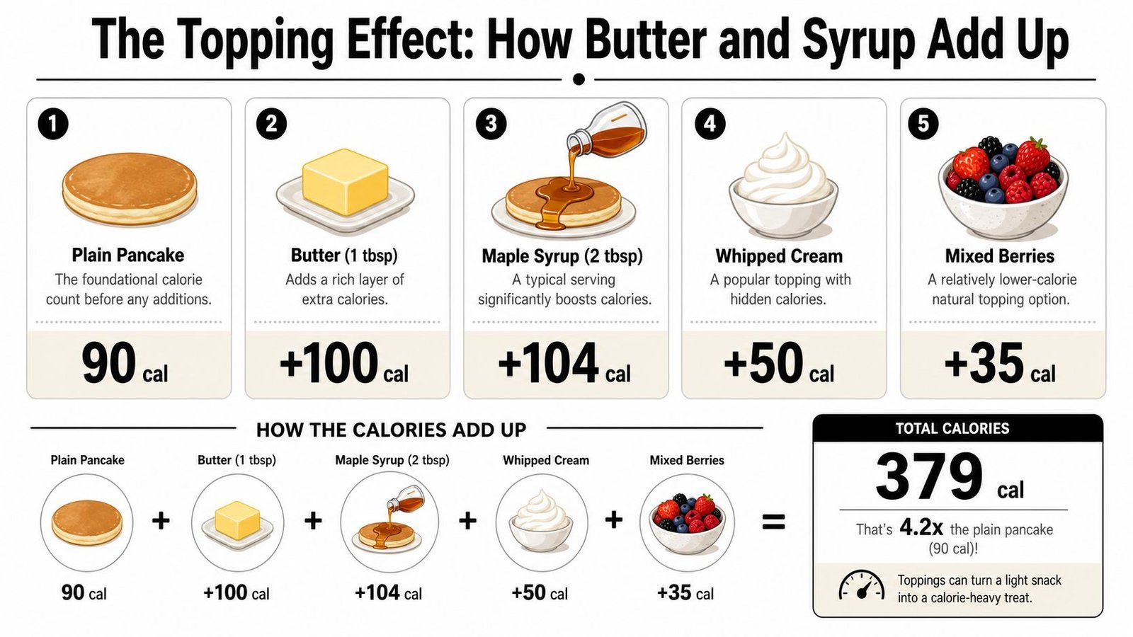 An infographic showing the caloric breakdown of a plain pancake with various toppings including butter, syrup, and berries.