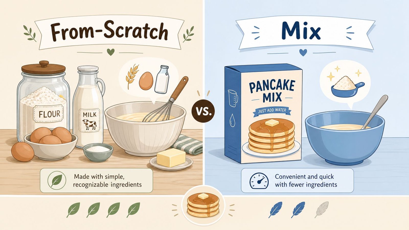 A comparison illustration showing ingredients for making pancakes from scratch versus using a pre-made pancake mix.