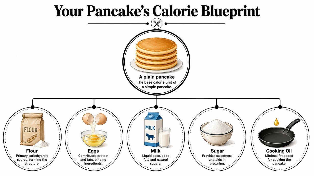 A diagram illustrating the basic ingredients used to make a simple pancake for calorie counting.