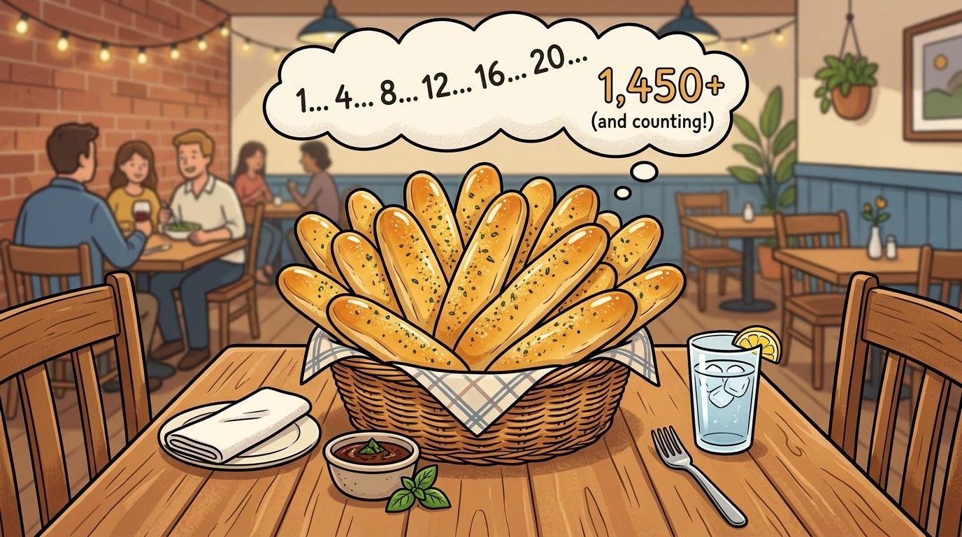 A basket overflowing with warm, seasoned garlic breadsticks on a wooden table at a restaurant.
