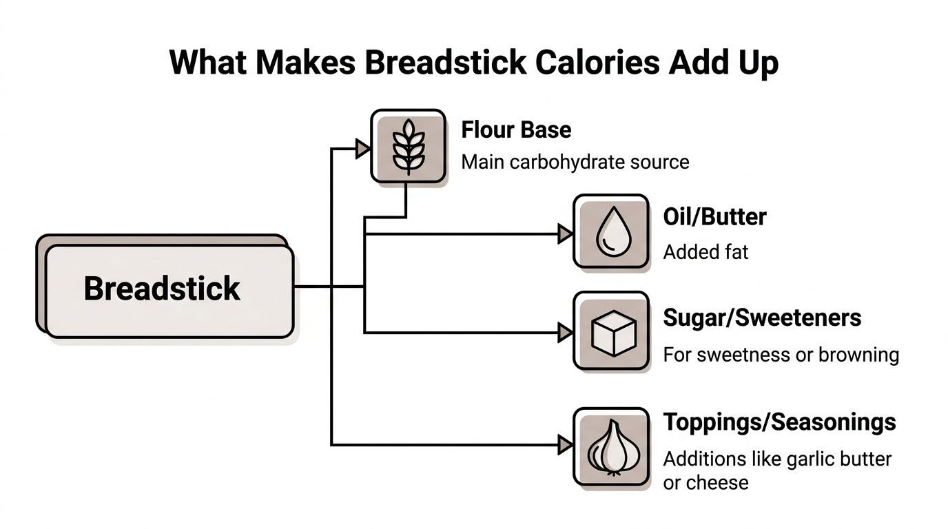 A diagram illustrating the four main components contributing to the caloric content of a breadstick.