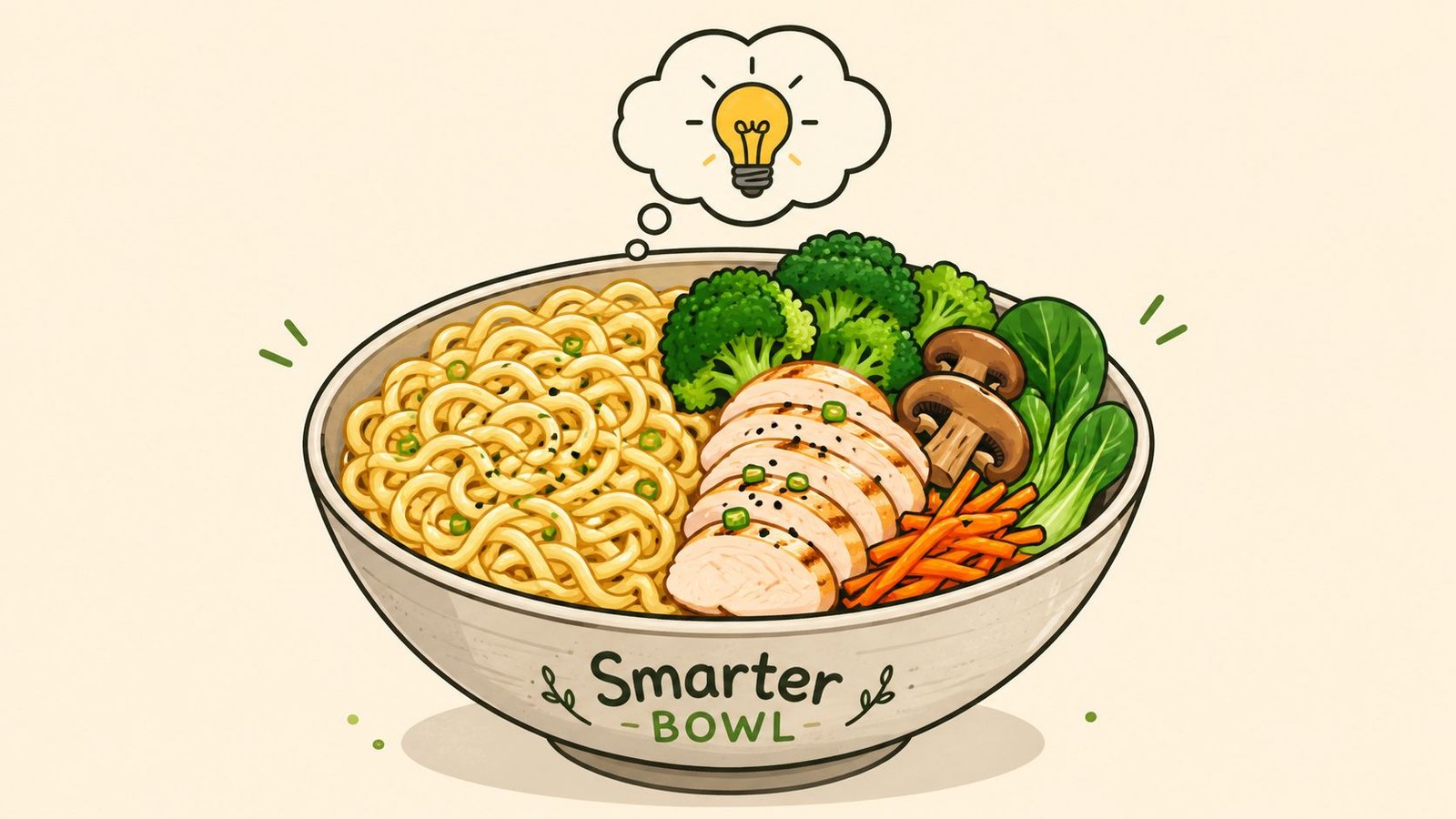 A healthy ramen noodle bowl topped with grilled chicken, broccoli, sliced mushrooms, carrots, and leafy greens.