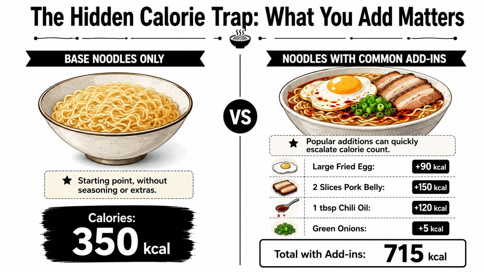 A comparison graphic showing the calorie difference between plain base noodles and ramen topped with various ingredients.