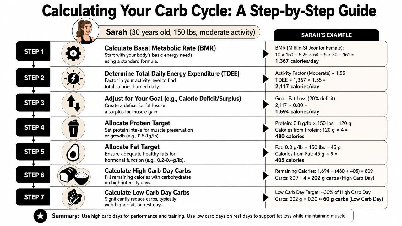 A step-by-step infographic showing how to calculate daily calorie and macronutrient targets for carb cycling.