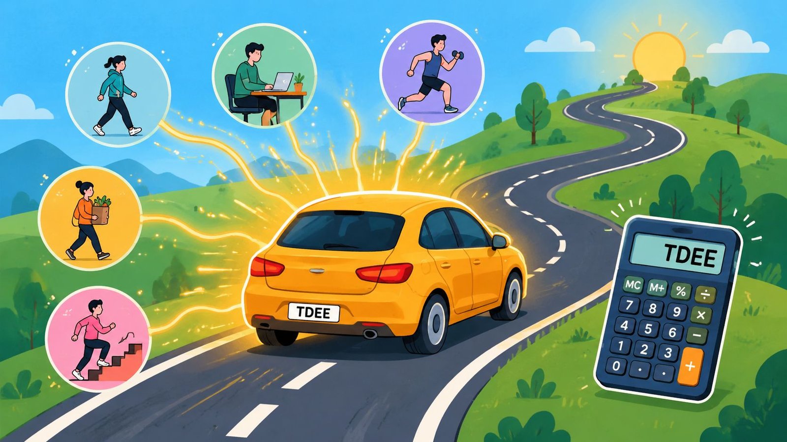 A yellow car representing TDEE on a road surrounded by icons of various daily physical activities.