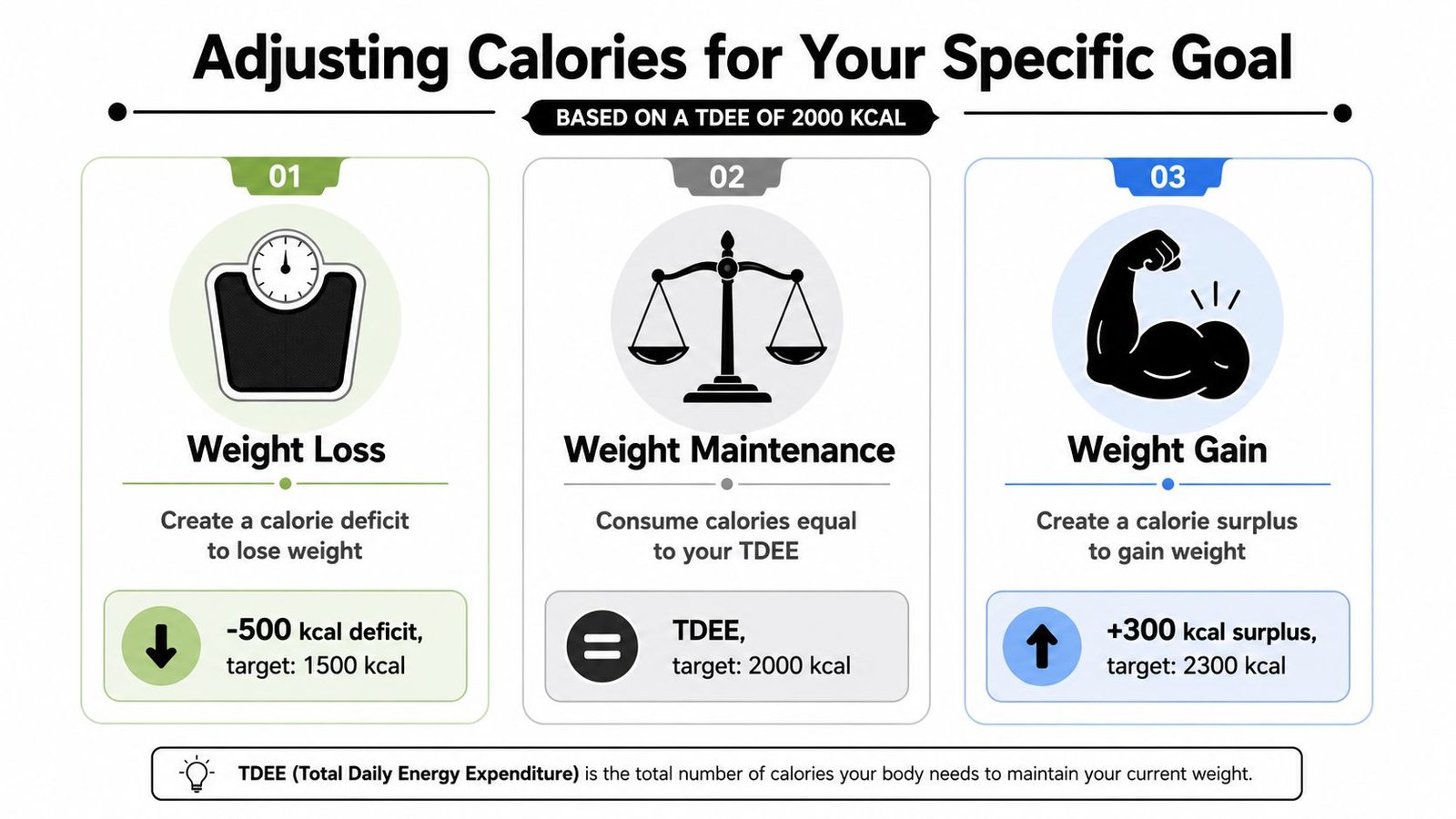 An infographic titled Adjusting Calories for Your Specific Goal based on a 2000 kcal TDEE.