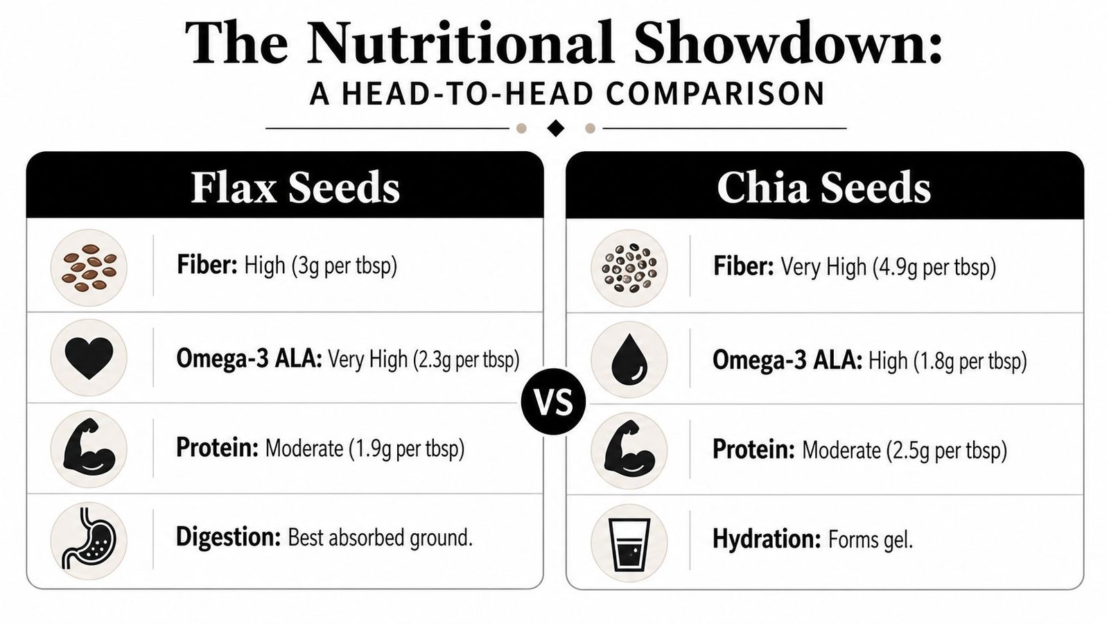 A comparison chart showing nutritional facts and differences between flax seeds and chia seeds side-by-side.