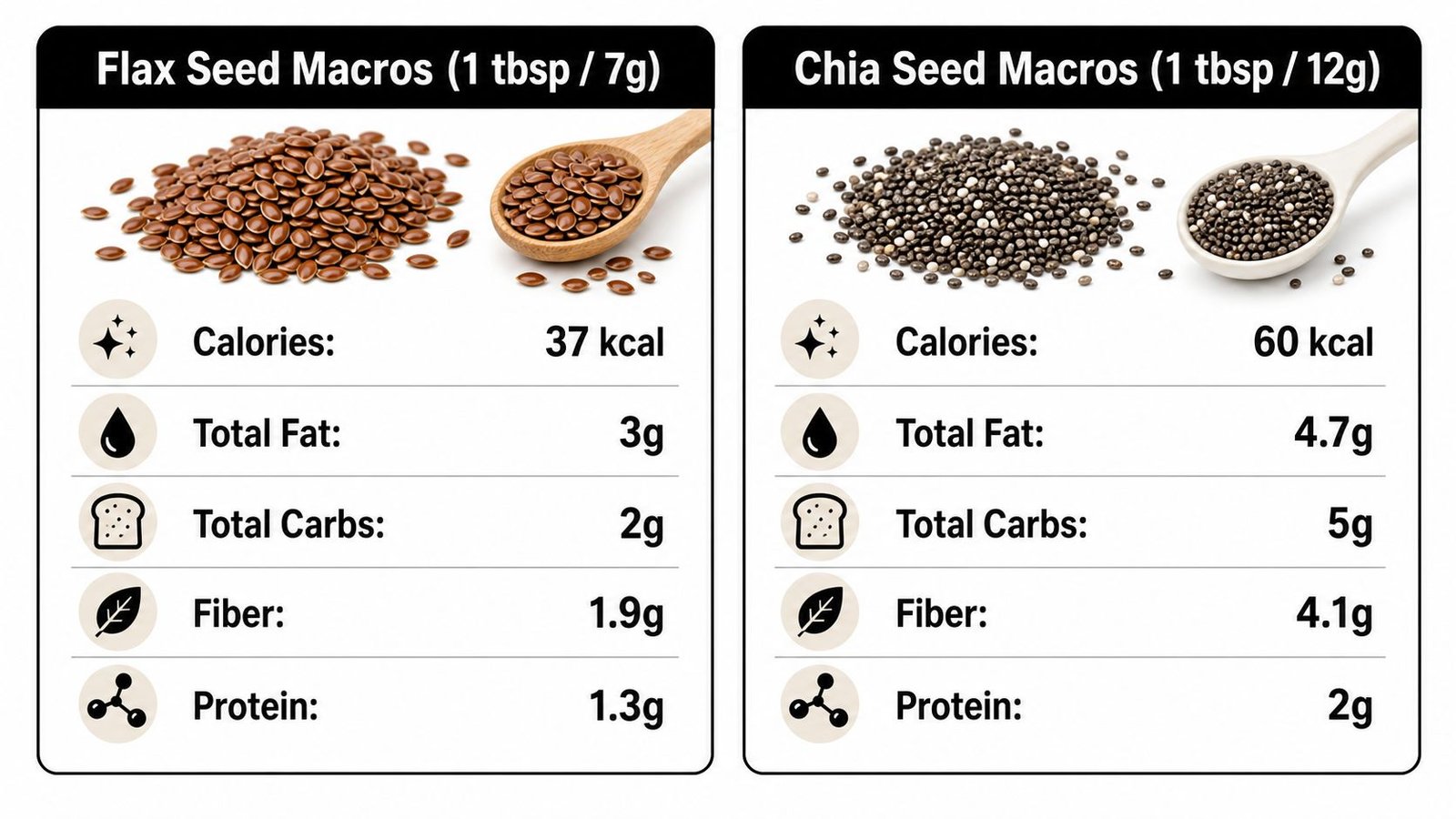 A comparison chart showing nutritional macro values for one tablespoon of flax seeds and chia seeds.