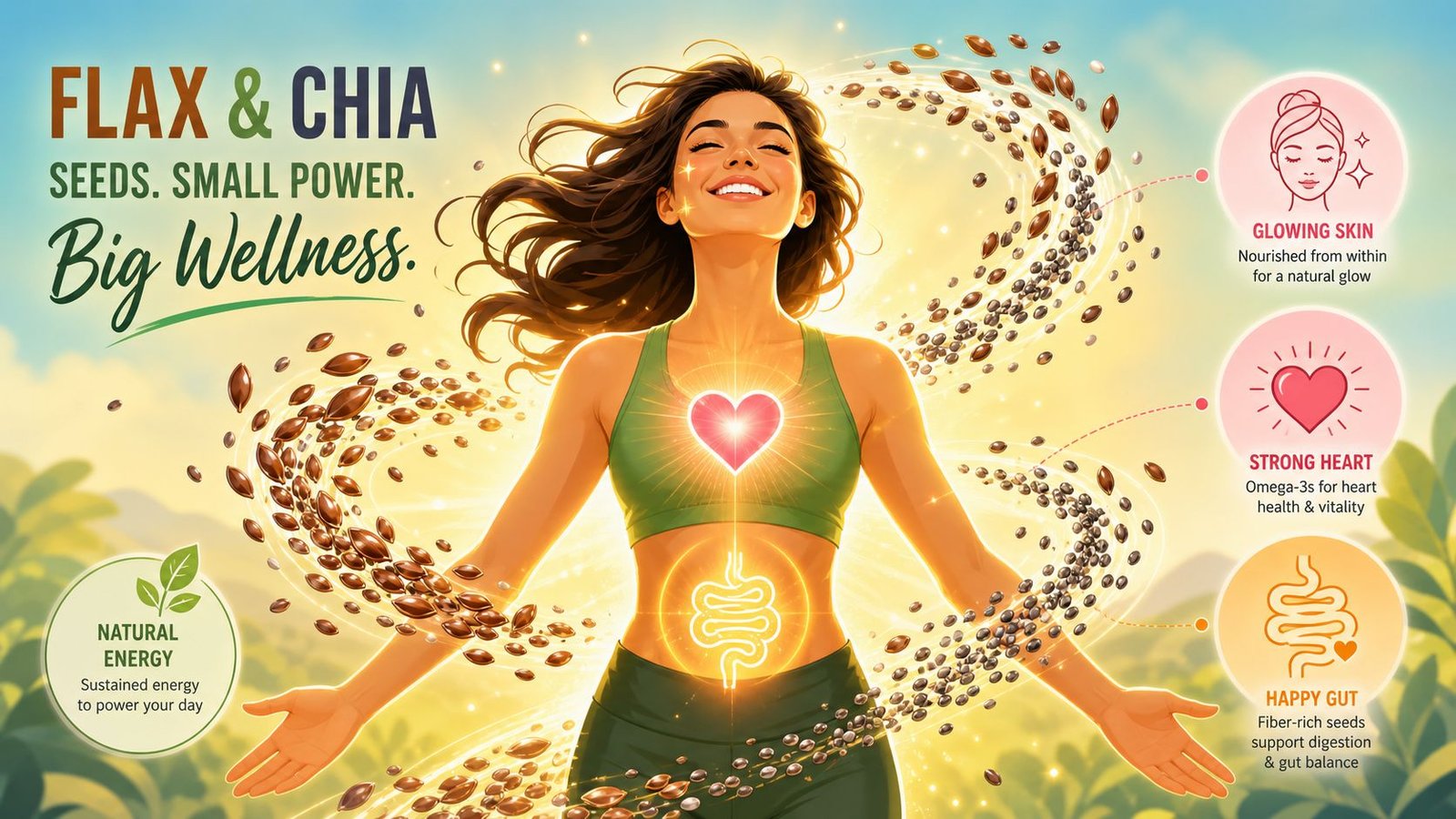 A healthy, smiling woman surrounded by floating flax and chia seeds, highlighting wellness benefits for skin, heart, and digestion.