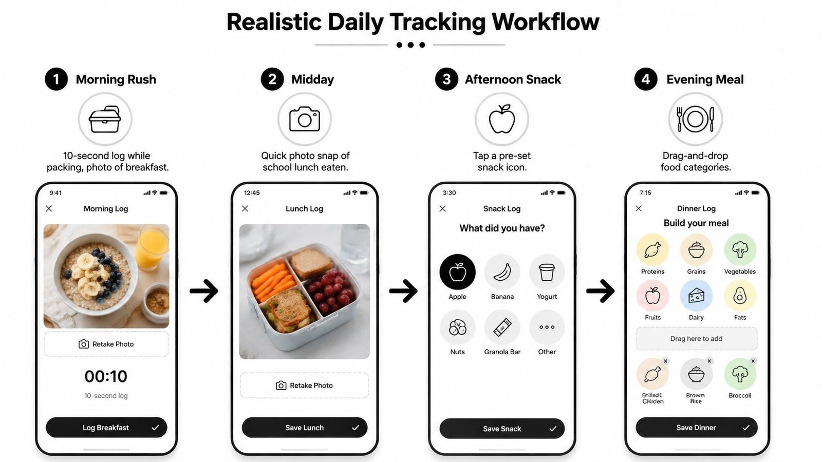 A diagram illustrating a four-step daily food tracking workflow for children using a mobile application.