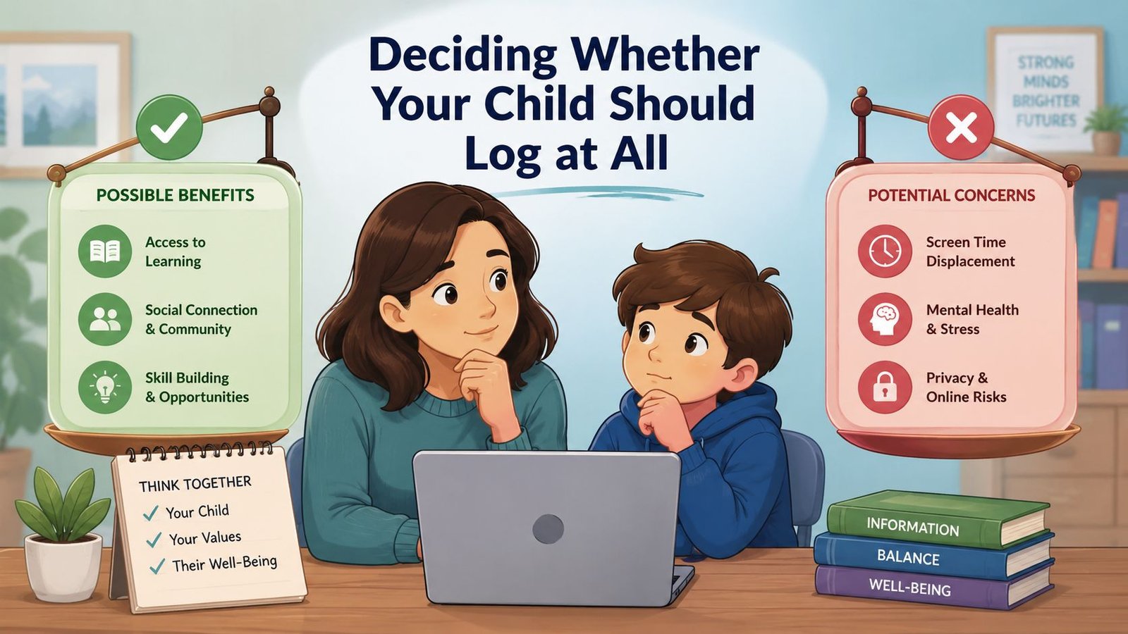 A mother and her son looking at a laptop together to weigh online benefits versus risks.
