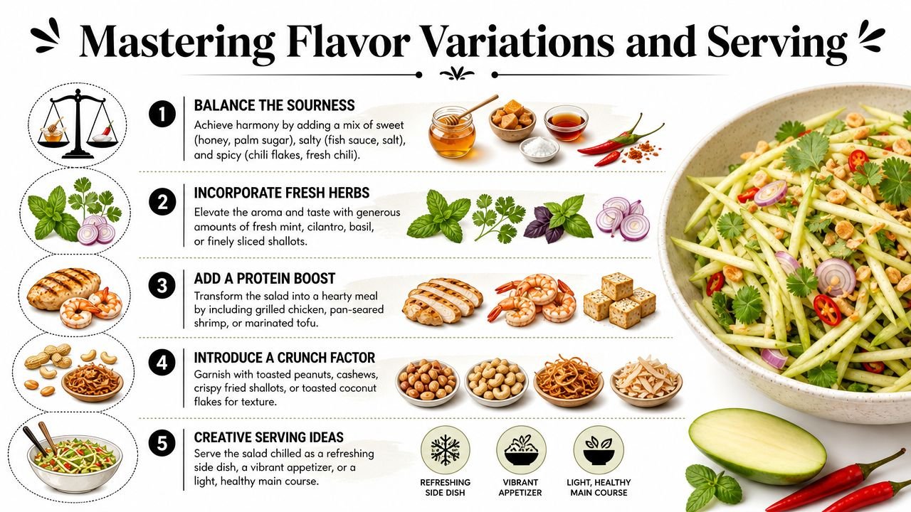 A culinary guide infographic explaining how to enhance a green mango salad with flavor variations and serving tips.