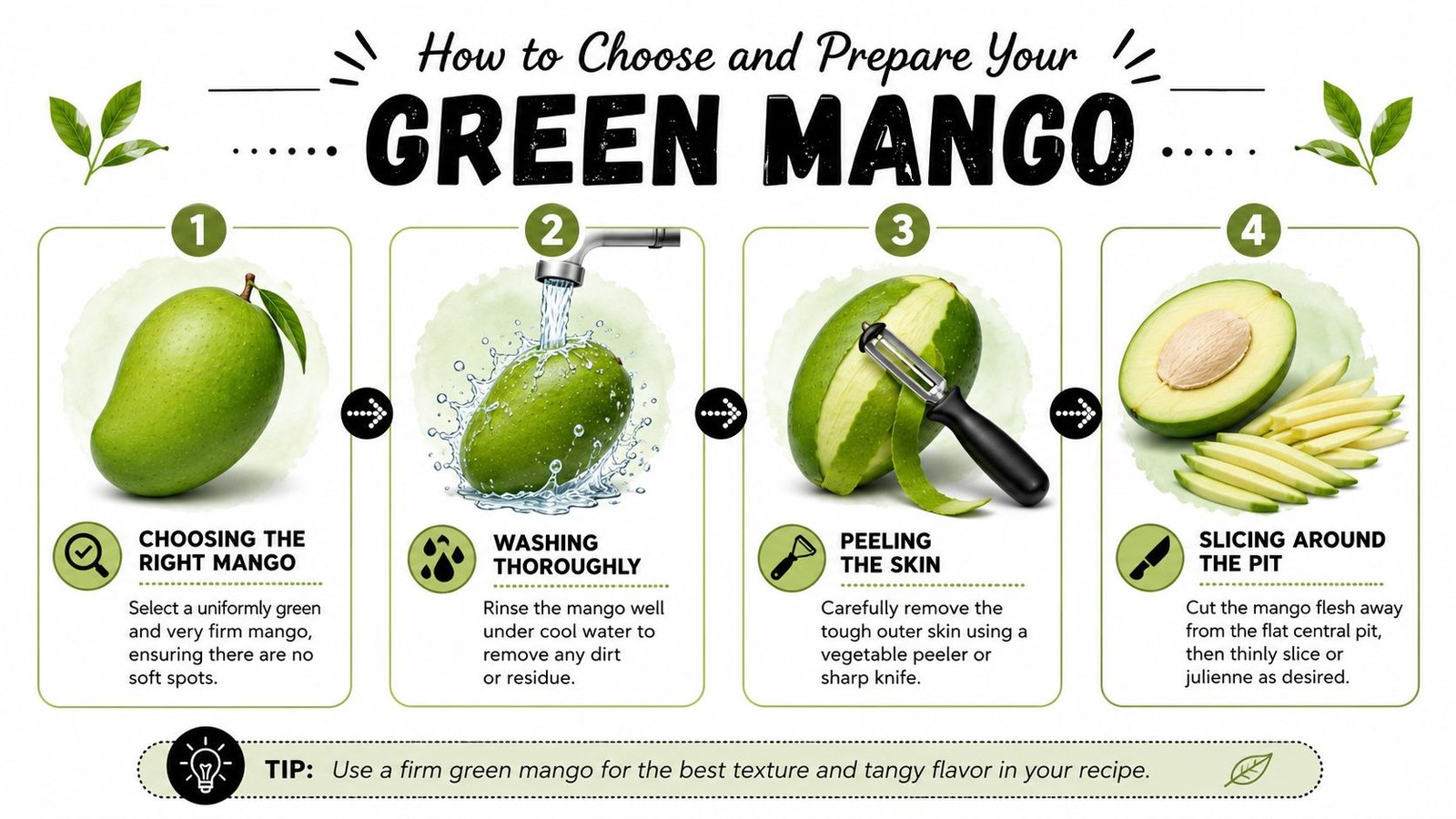 An infographic titled How to Choose and Prepare Your Green Mango showing four steps for selection and preparation.
