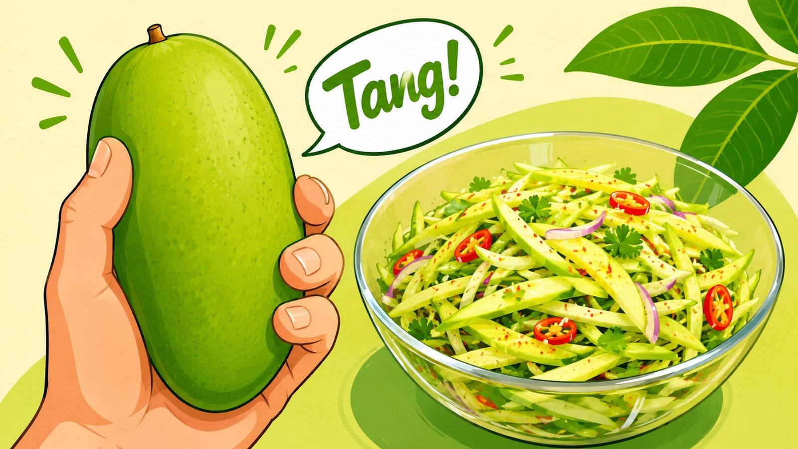 A hand holding a fresh green mango beside a glass bowl filled with spicy mango salad.