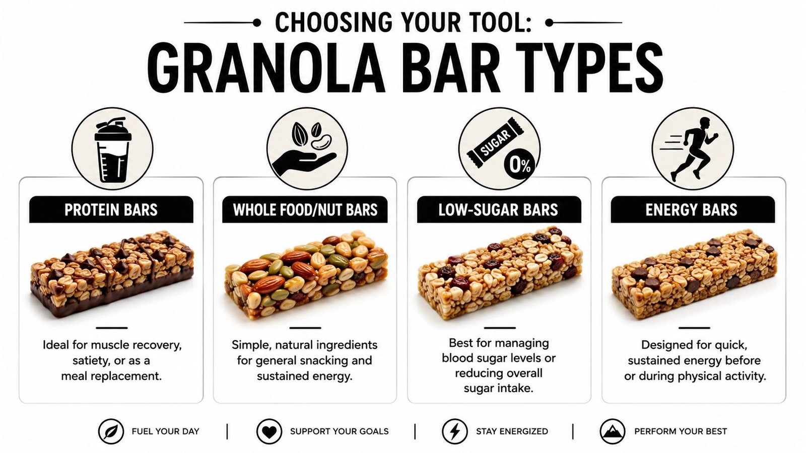 An infographic showing four types of granola bars: protein, whole food, low-sugar, and energy bars.