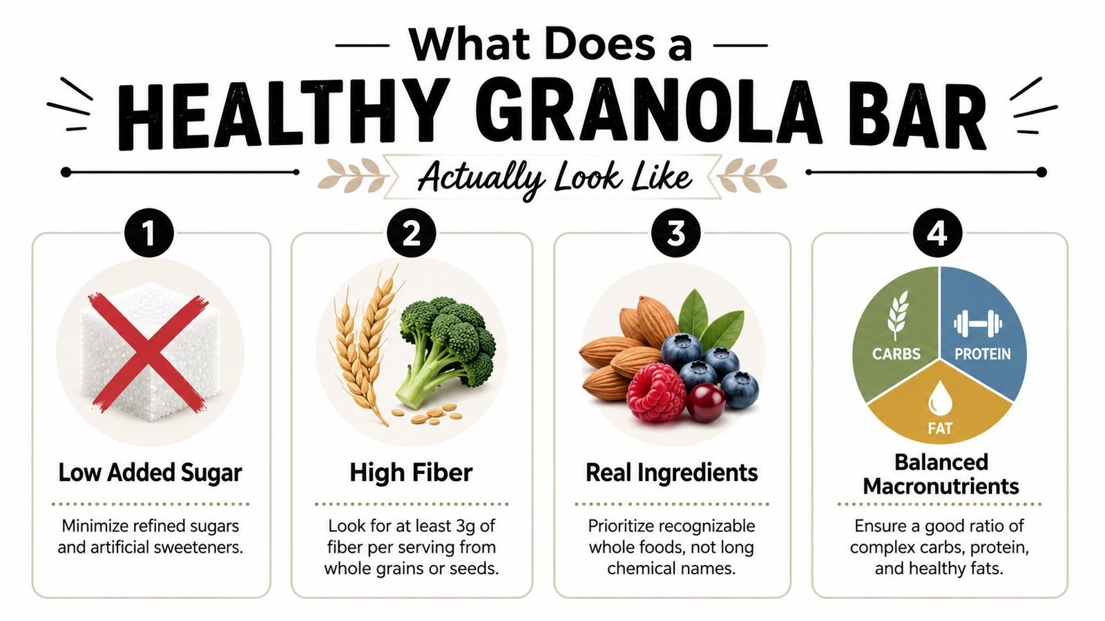 An infographic showing four key guidelines for identifying a healthy granola bar through nutrition and ingredients.
