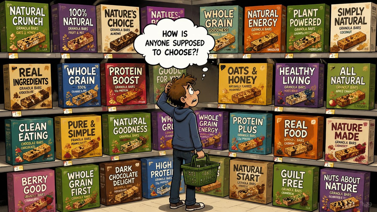 A young boy stands overwhelmed in a supermarket aisle surrounded by many different brands of granola bars.
