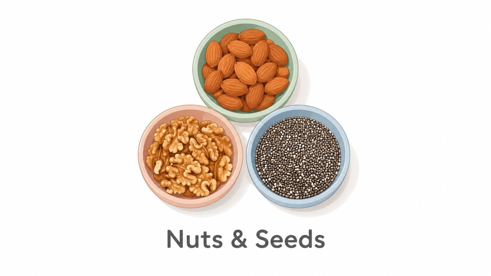 A top-down view of three bowls containing almonds, walnuts, and chia seeds on a white background.