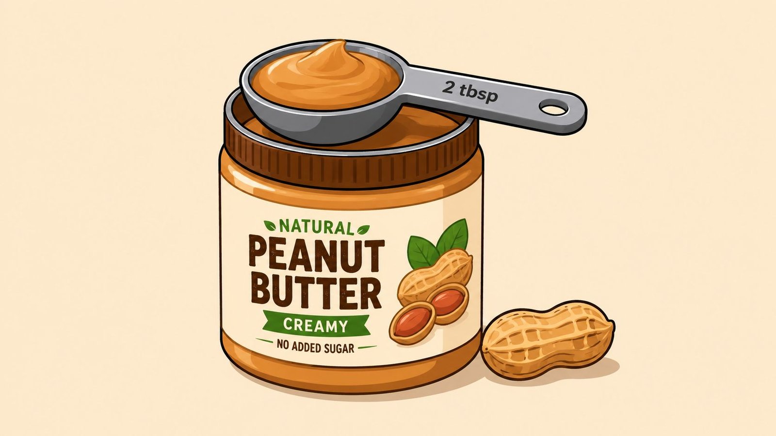A jar of creamy natural peanut butter with a measuring spoon resting on top and peanuts nearby.