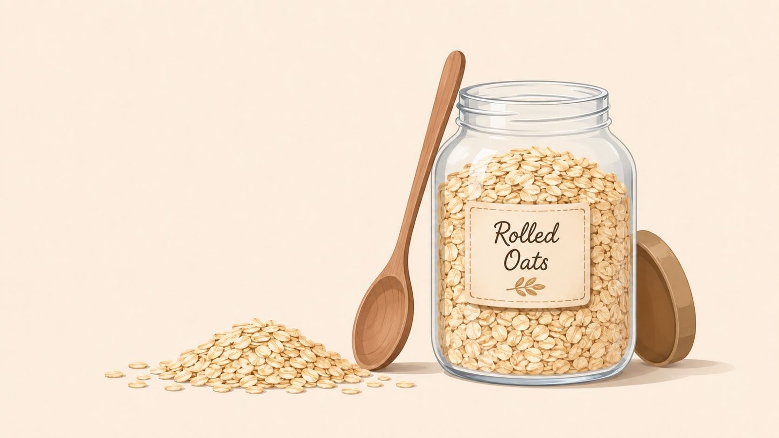A glass jar filled with rolled oats next to a wooden spoon and a small pile of oats.