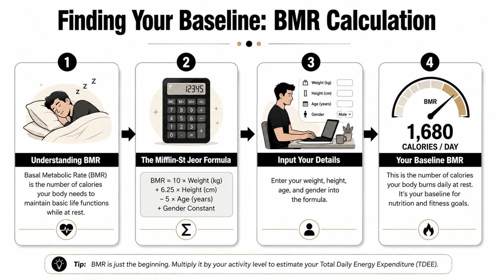A four-step infographic illustrating how to calculate your Basal Metabolic Rate using the Mifflin-St Jeor formula.