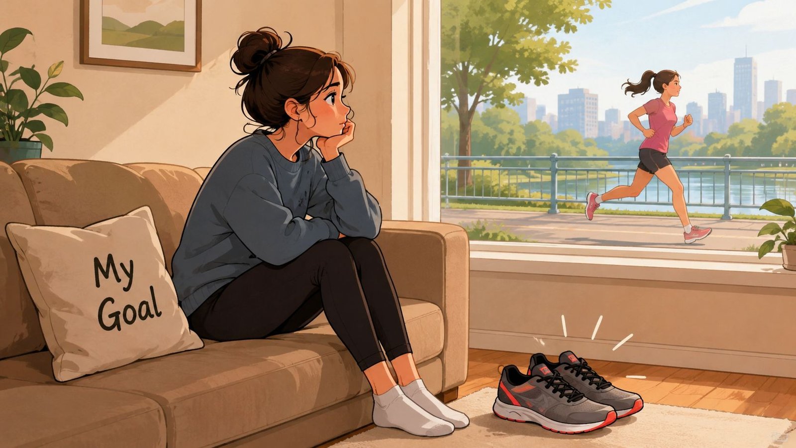 A girl sitting on a sofa looking out the window at another girl jogging in the park.
