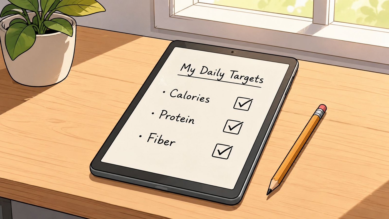 A digital tablet displaying a checklist titled My Daily Targets for calories, protein, and fiber on a desk.