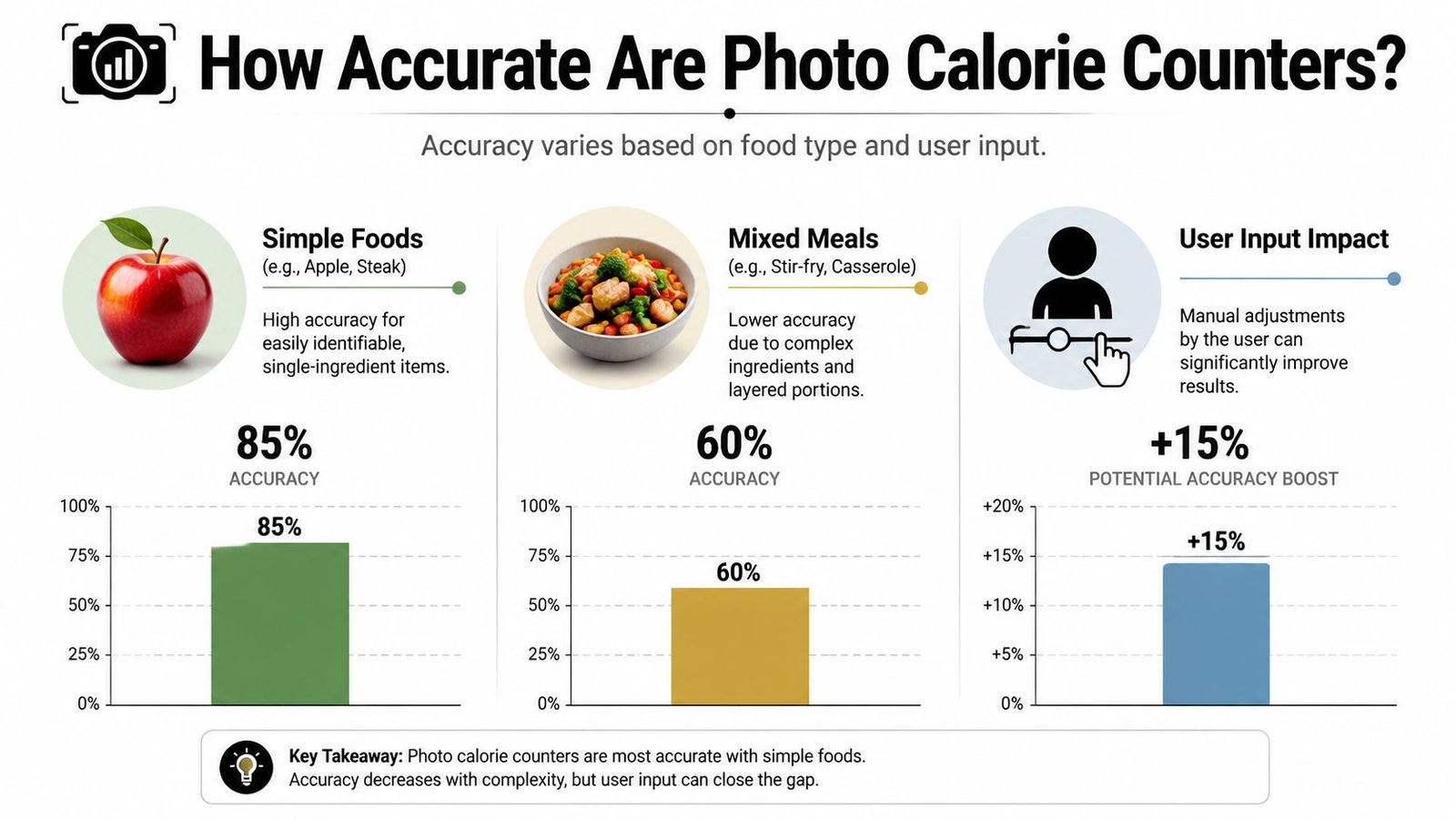 An infographic showing that photo calorie counters are most accurate for simple foods rather than complex meals.