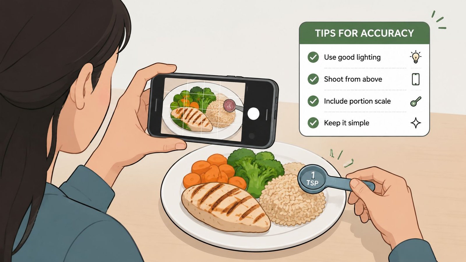 A person using a smartphone to photograph a balanced meal with a measuring spoon for portion accuracy.