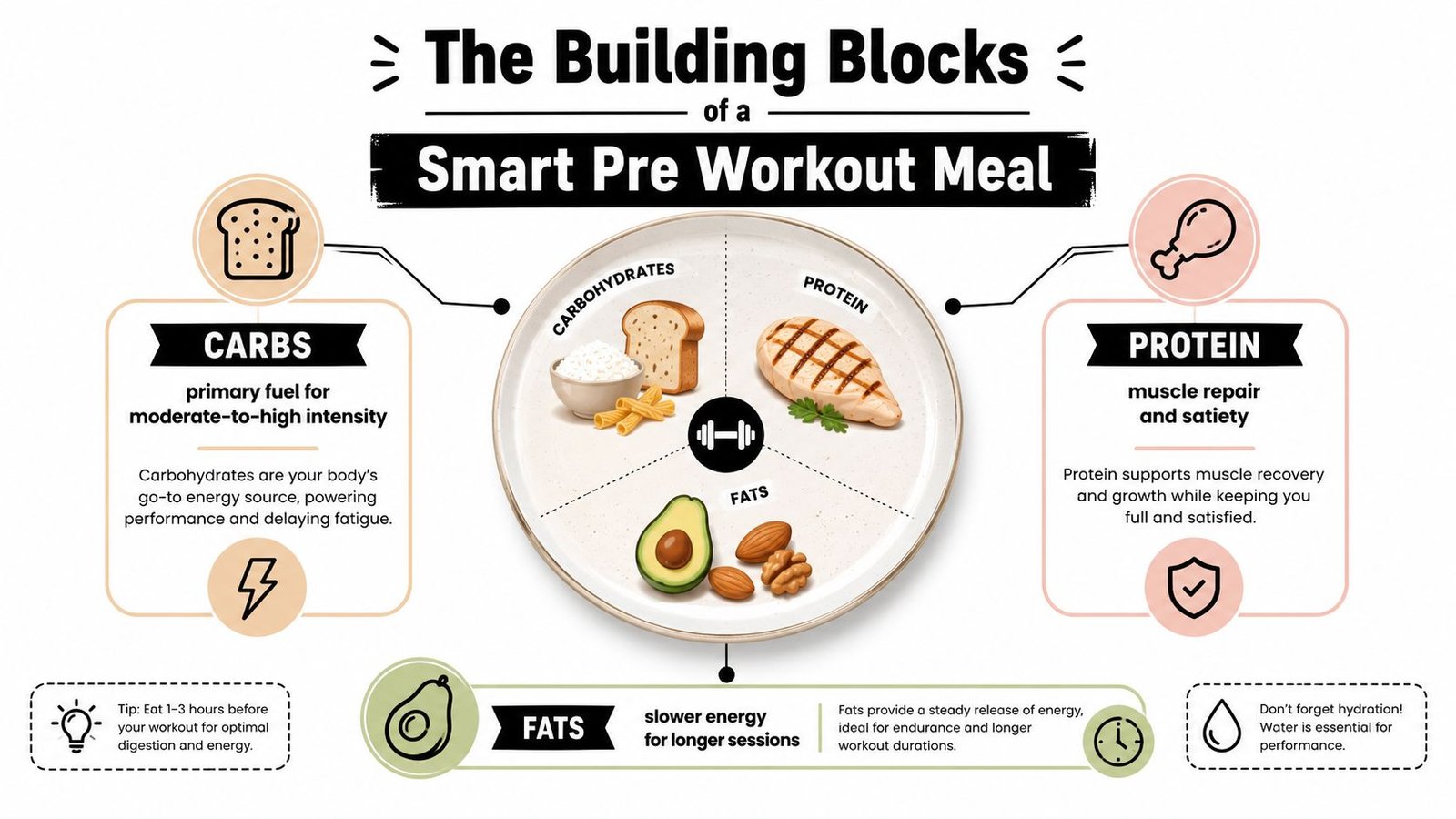 An infographic detailing the three essential components of a smart pre-workout meal: carbohydrates, protein, and fats.