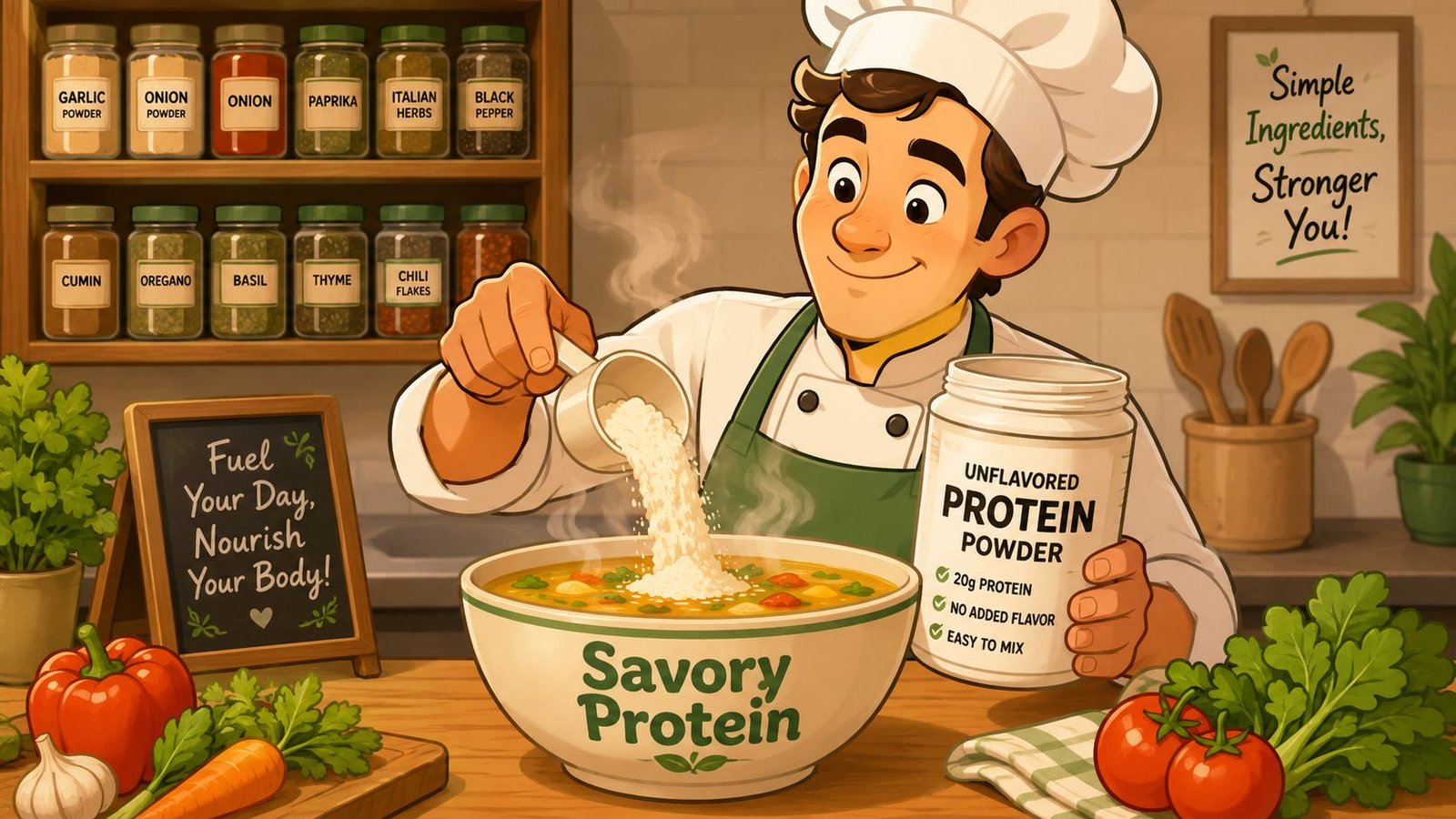 A friendly chef adding unflavored protein powder to a bowl of savory vegetable soup in a kitchen.