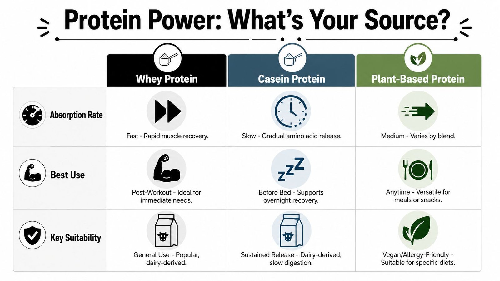A comparison chart outlining the absorption, use, and suitability of whey, casein, and plant-based protein powders.