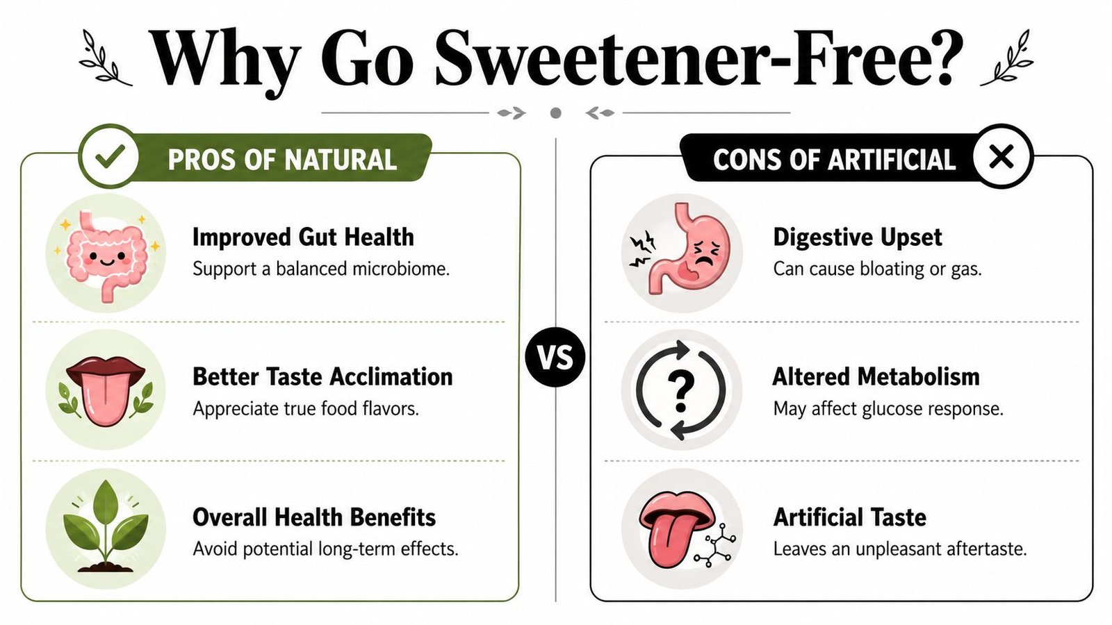An infographic comparing the pros of natural ingredients versus the cons of artificial sweeteners in daily diet.