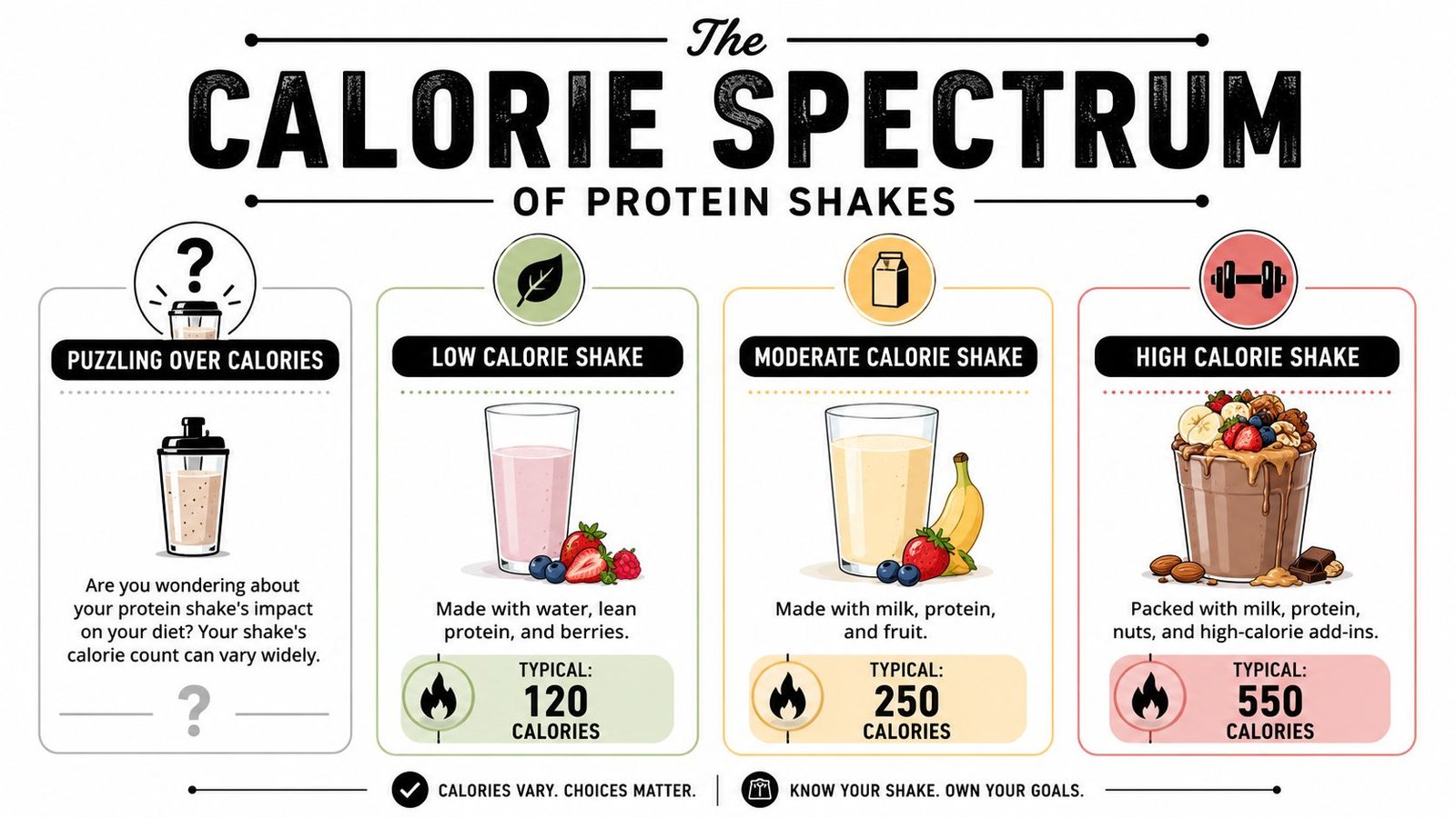An infographic titled The Calorie Spectrum of Protein Shakes explaining calorie variations in different protein shake recipes.