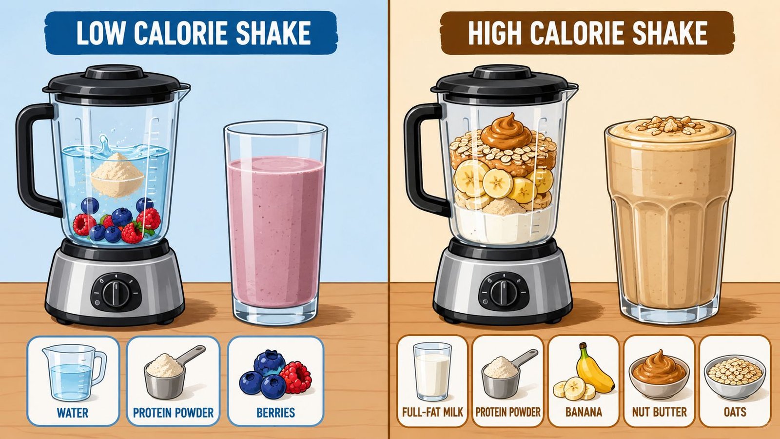 A visual comparison showing the ingredients for a low-calorie protein shake versus a high-calorie protein shake.