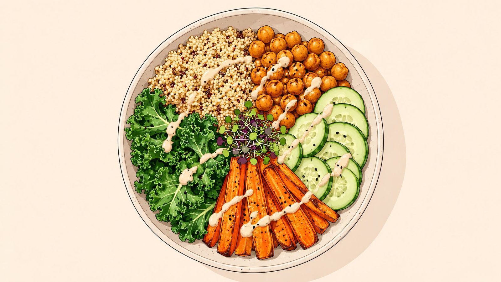 A healthy grain bowl with chickpeas, kale, roasted sweet potato wedges, cucumber slices, and quinoa with dressing.