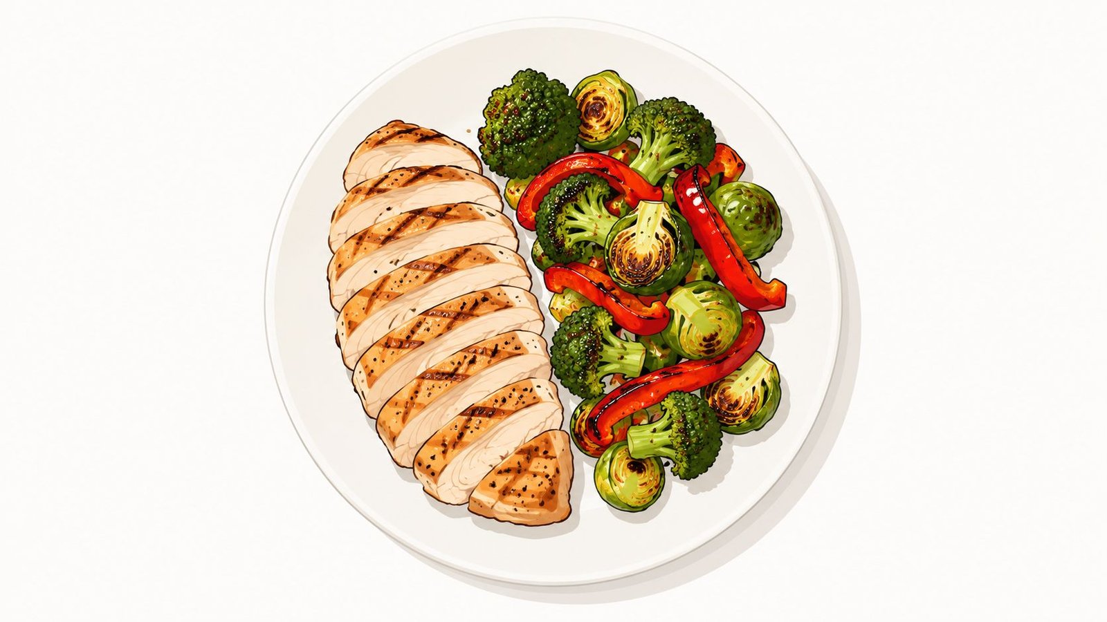 A healthy grilled chicken breast sliced on a plate with roasted broccoli, bell peppers, and brussels sprouts.