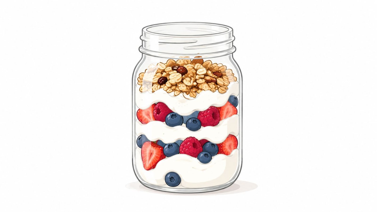 A glass mason jar filled with layers of creamy yogurt, fresh berries, and crunchy granola breakfast mix.