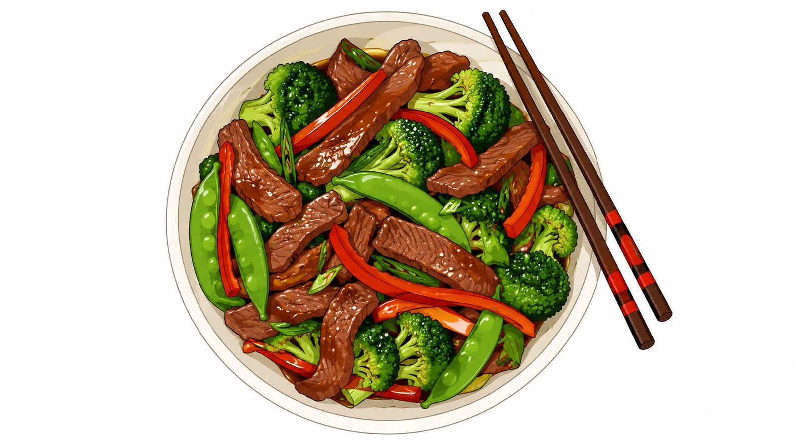 A top-down view of a delicious beef and broccoli stir-fry served in a white bowl with chopsticks.