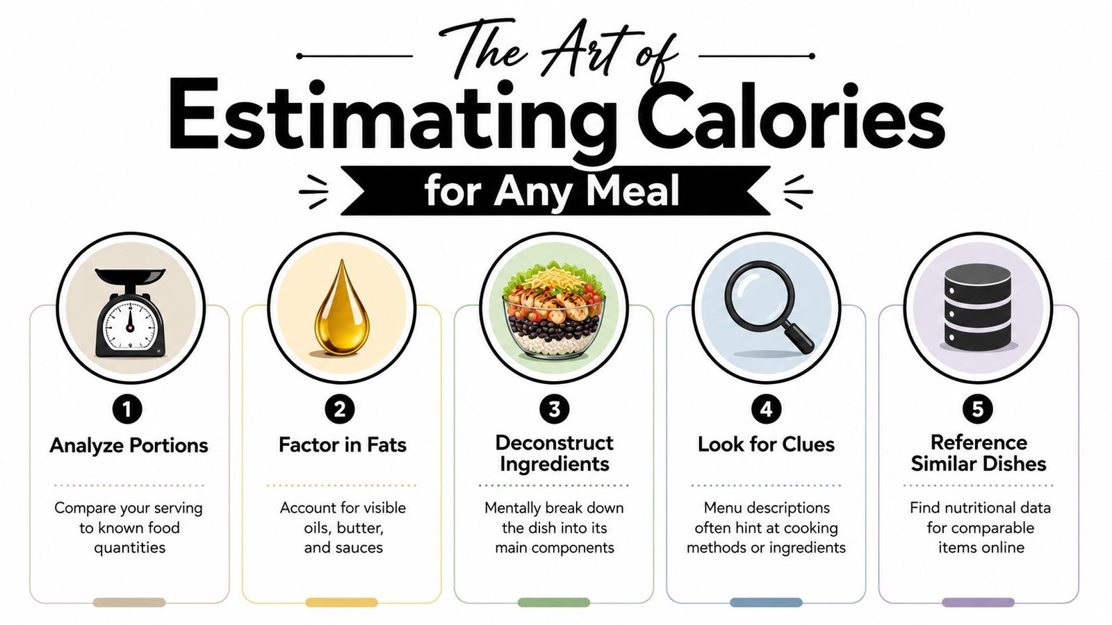 An infographic titled The Art of Estimating Calories, showing five steps to estimate meal energy content.