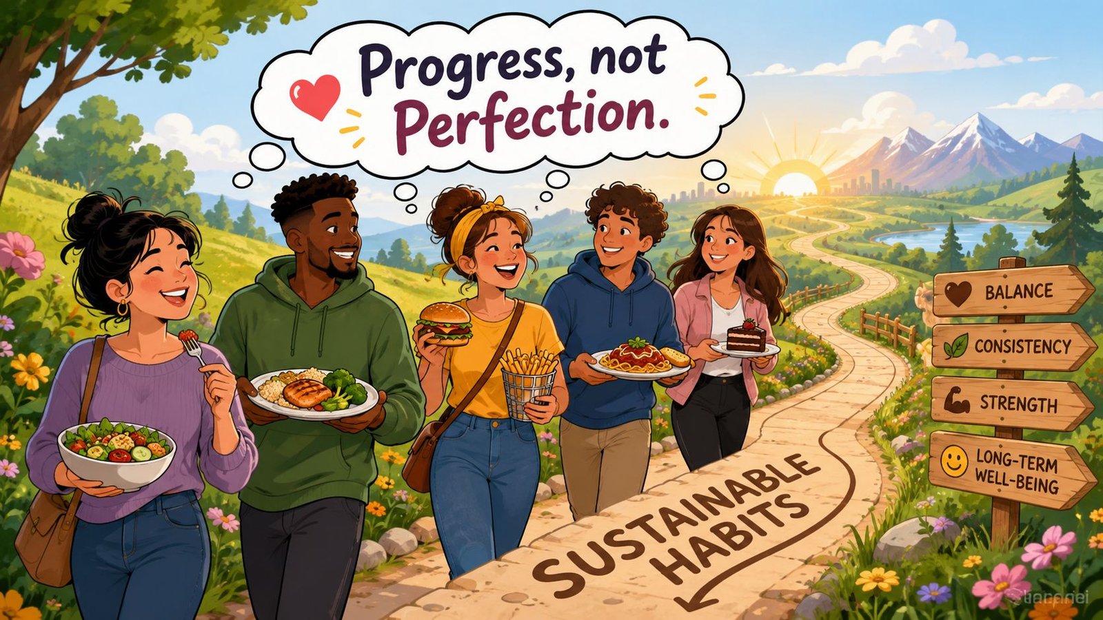 A diverse group of friends enjoying a variety of balanced meals while walking on a nature path.