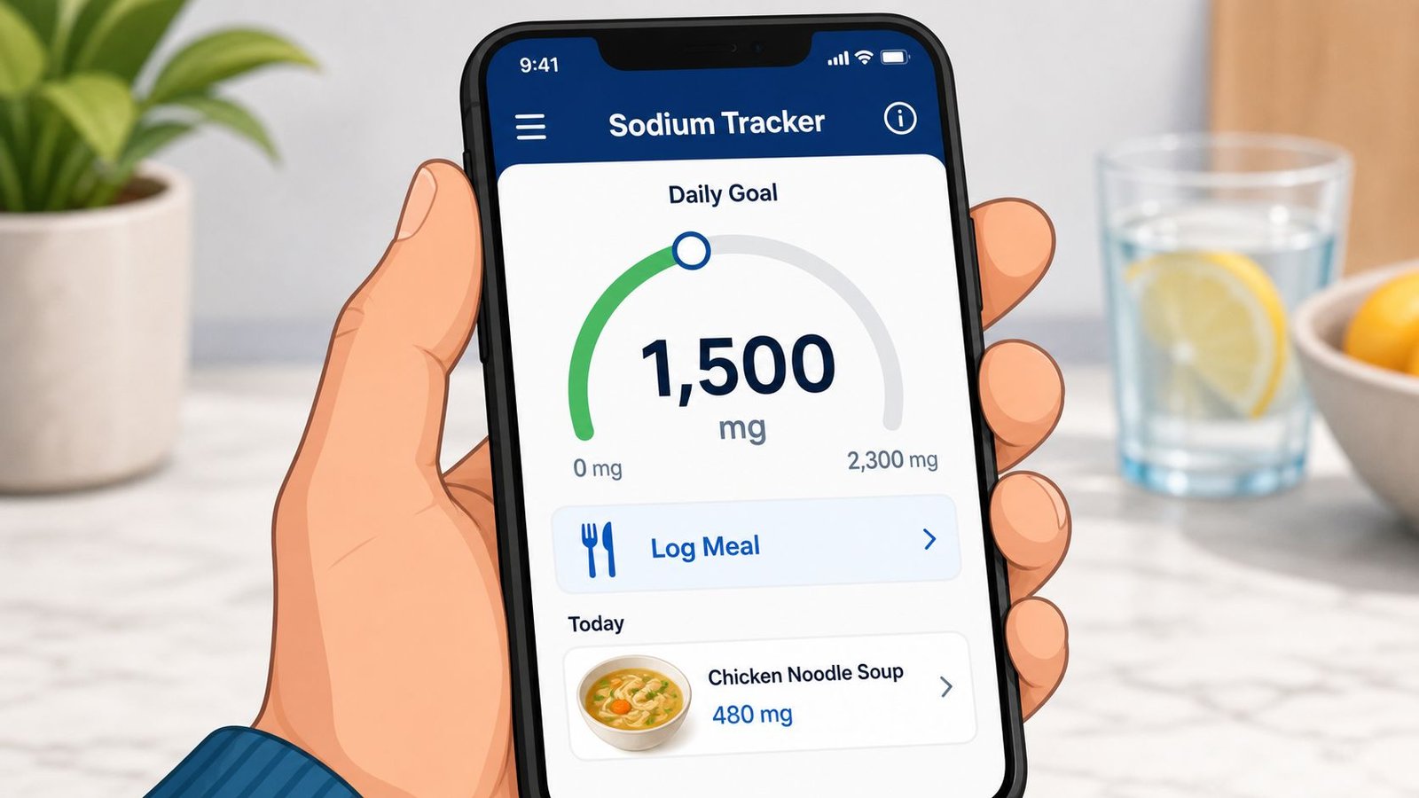 A hand holding a smartphone displaying a sodium tracking application showing daily intake and meal logs.