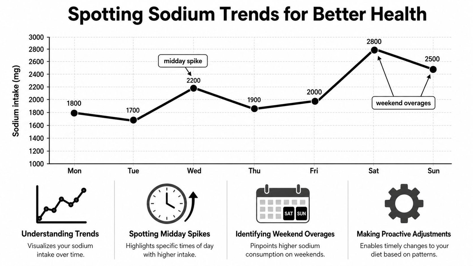 A line chart showing a weekly sodium intake trend with spikes during mid-week and the weekend.