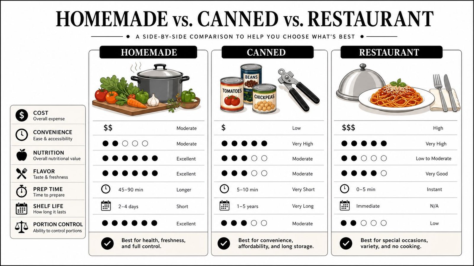 A comparison chart showing the differences between homemade, canned, and restaurant meals regarding cost, nutrition, and convenience.
