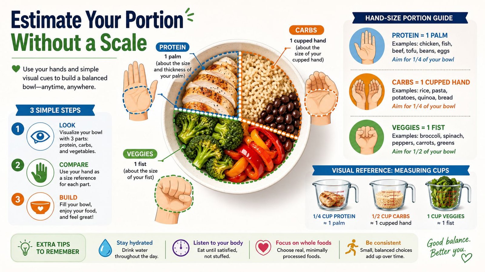 An infographic illustrating how to estimate healthy food portion sizes using your hands as a visual guide.