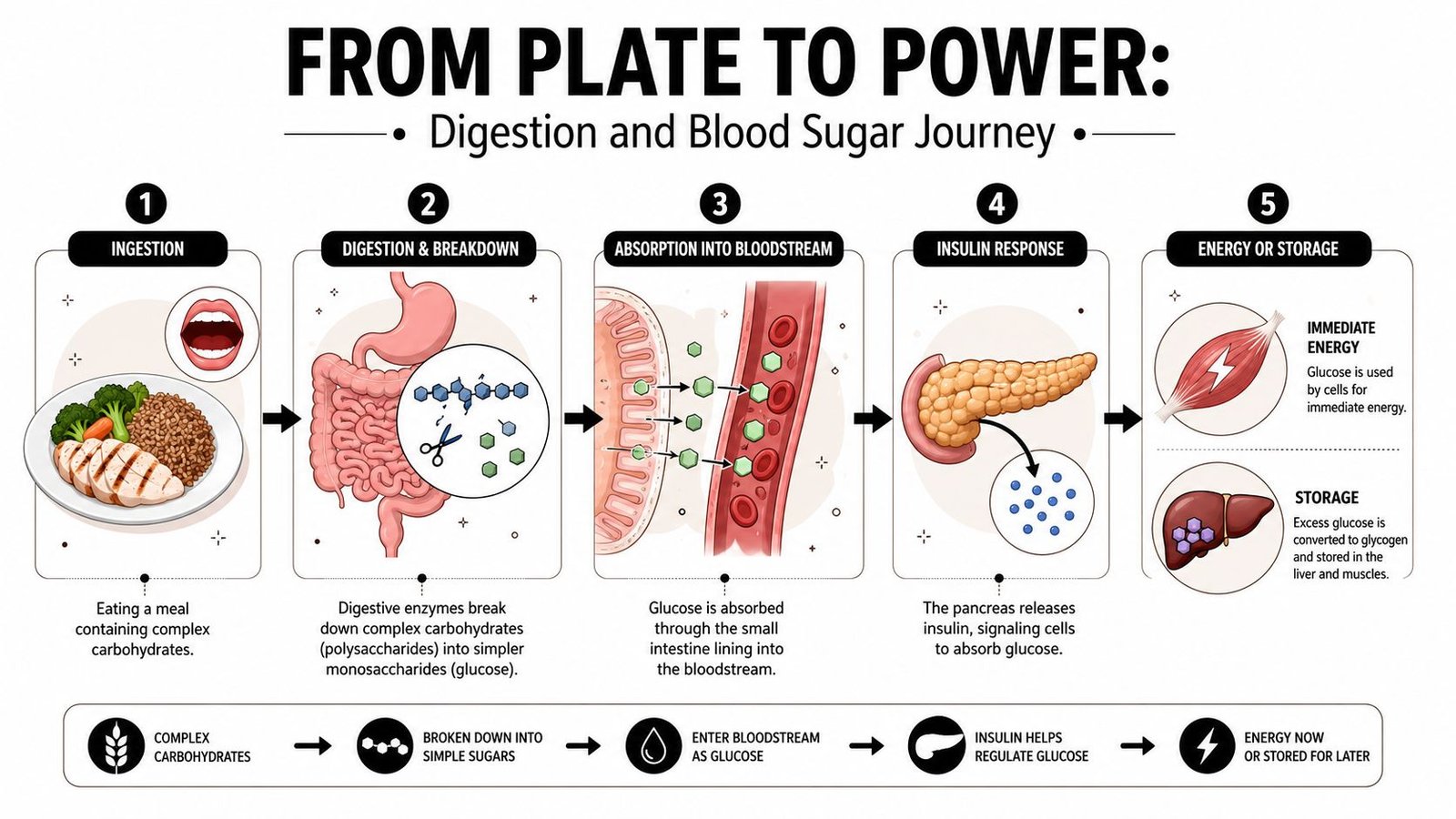 A five-step infographic showing how complex carbohydrates are digested, absorbed into the bloodstream, and used for energy.