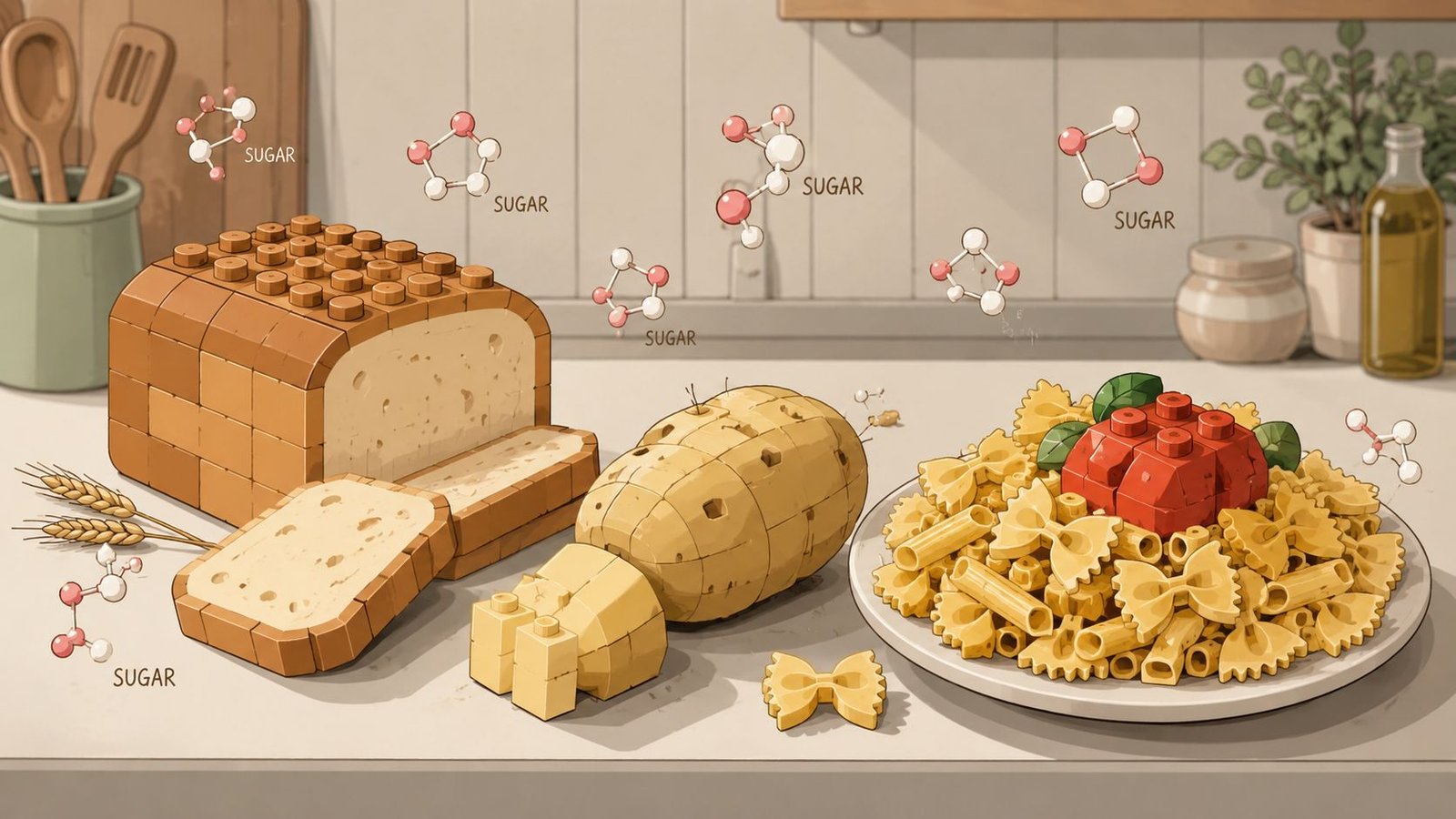 Visual representation of carbohydrates as building blocks using food items like bread, potato, and pasta.