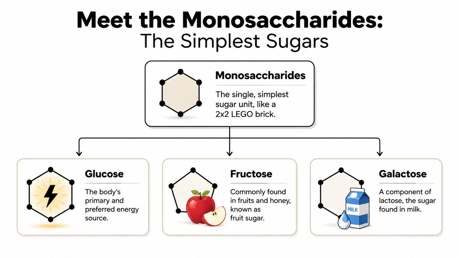 A diagram explaining monosaccharides as the simplest sugar units, showing glucose, fructose, and galactose with icons.