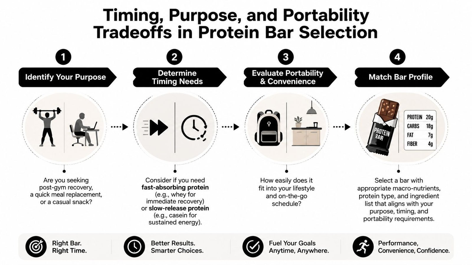 An infographic showing a four-step process for selecting the right protein bar based on individual fitness goals.